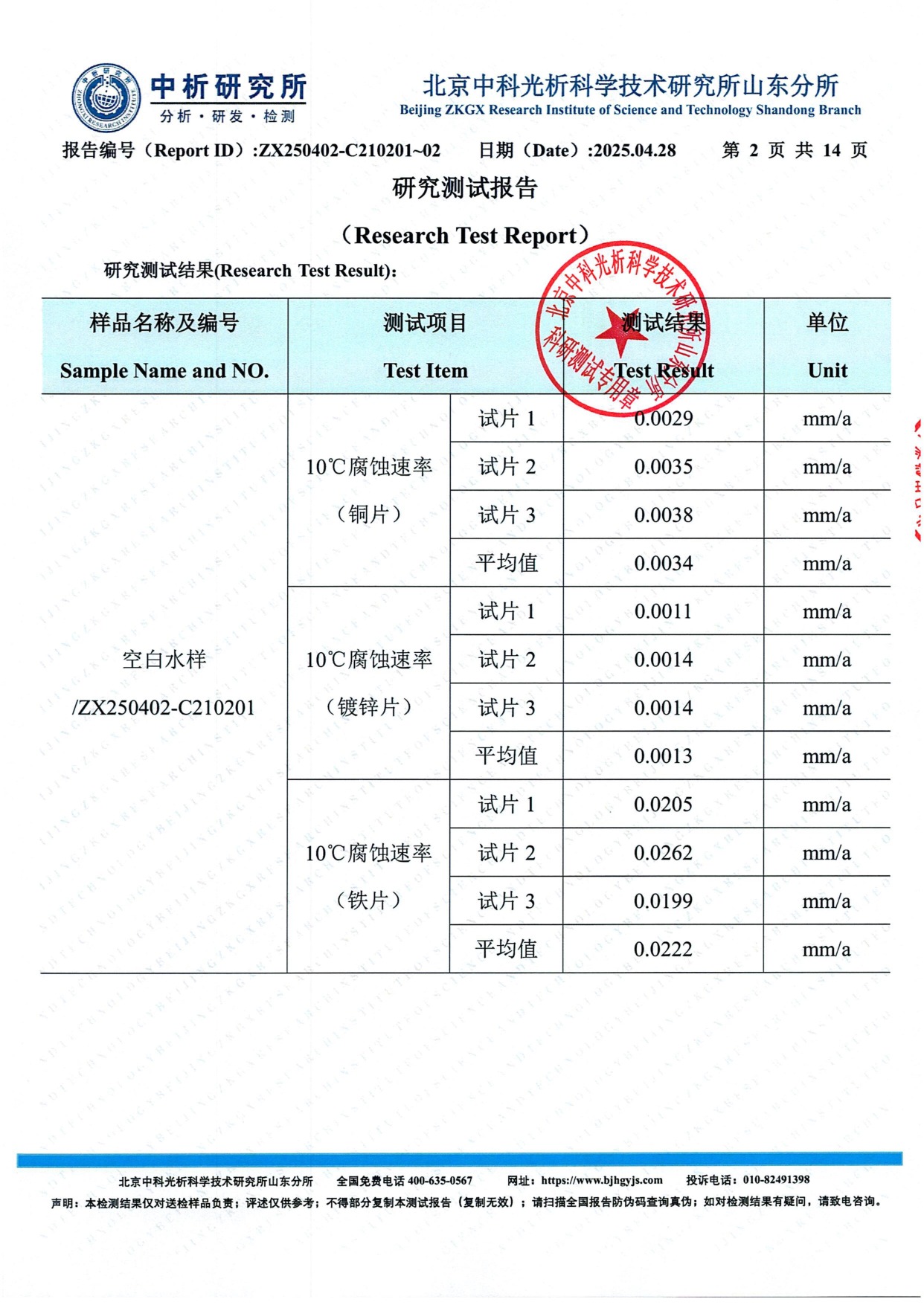 10°C腐蚀速率测试数据 空白水样铜片镀锌片铁片不锈钢片