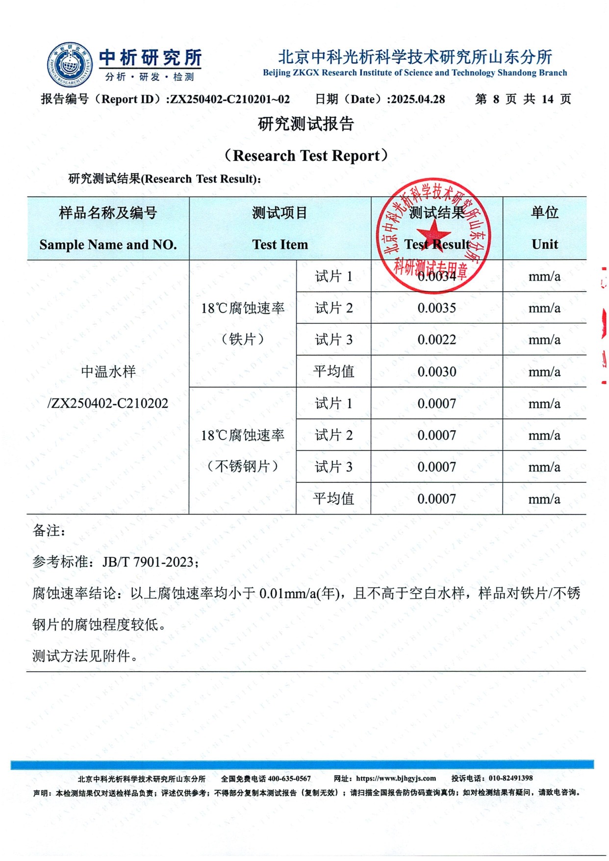 中温水样18°C腐蚀速率铁片不锈钢片 完整数据