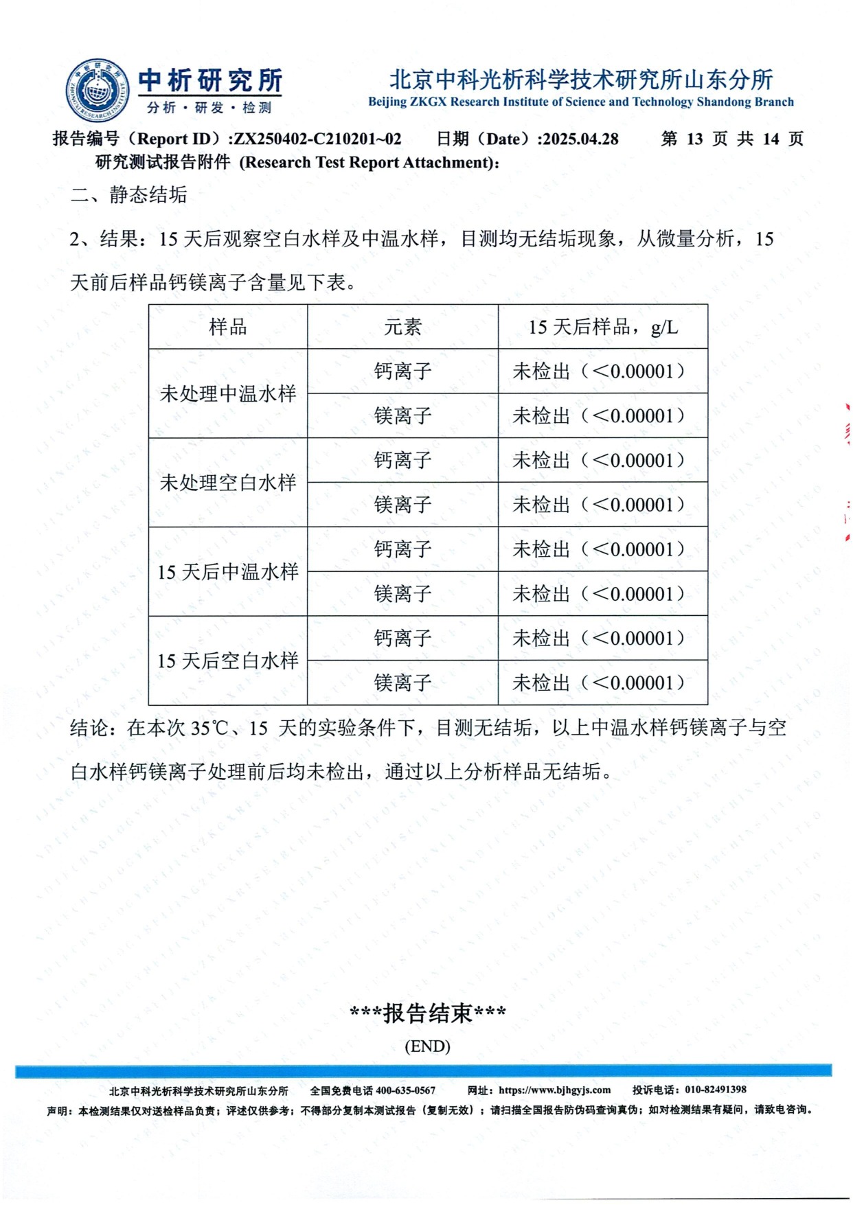附件二 静态结垢测试结果 钙镁离子未检出